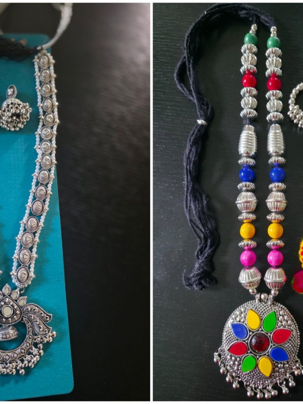 Oxidized Silver Mirror Long Necklace Set Jhumka Multicolor Bead Indian Ethnic